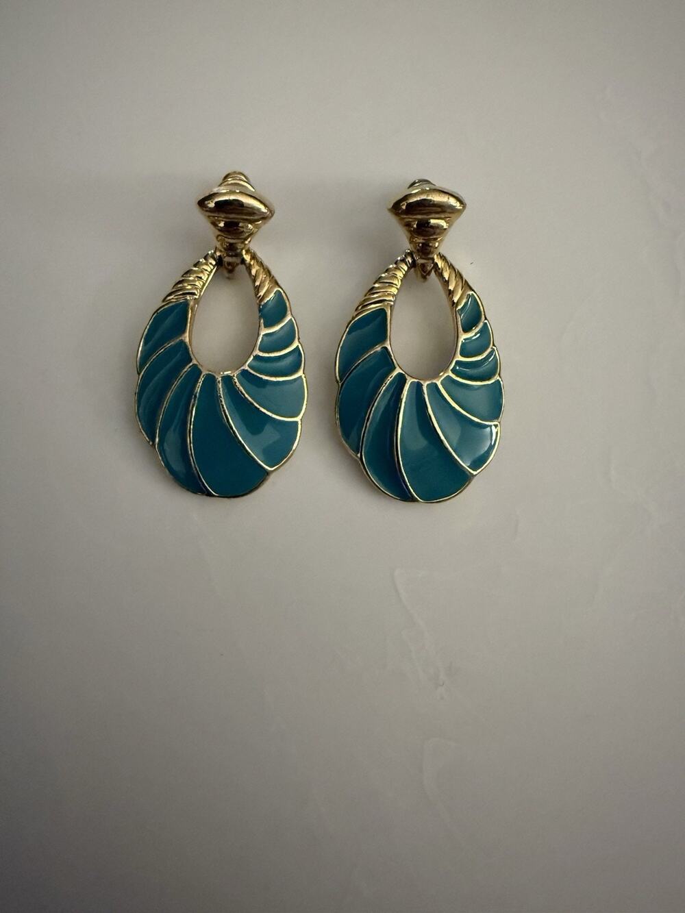 VINTAGE TRIFARI Earrings Teal Blue Enamel Gold Tn Hinged Doorknocker Hoop